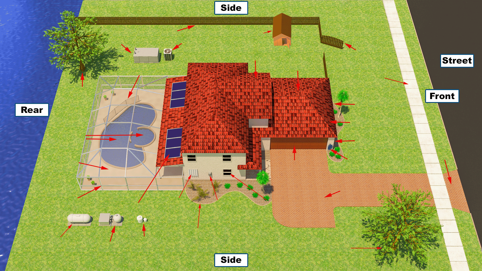 Aerial 3D rendering of a single-story home on a corner lot with a red tile roof, screened pool enclosure, driveway, landscaping, backyard canal, street and sidewalk, and multiple red arrows pointing to exterior features around the front, rear, and side of the property.